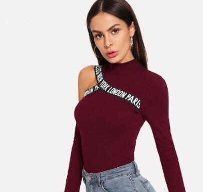 Yellow Cut Out Shoulder Letter Tape Tee Asymmetrical