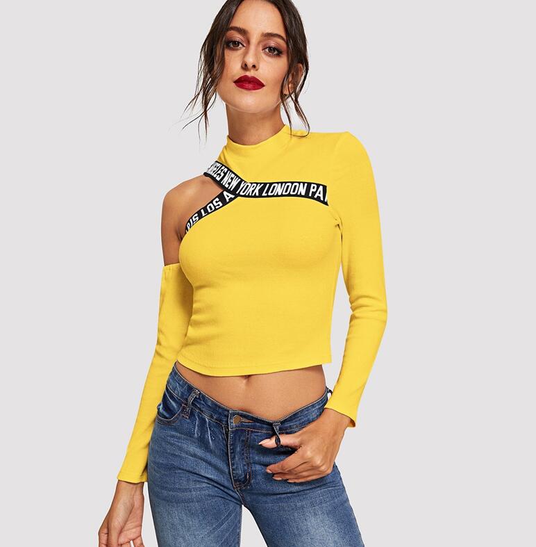 Yellow Cut Out Shoulder Letter Tape Tee Asymmetrical