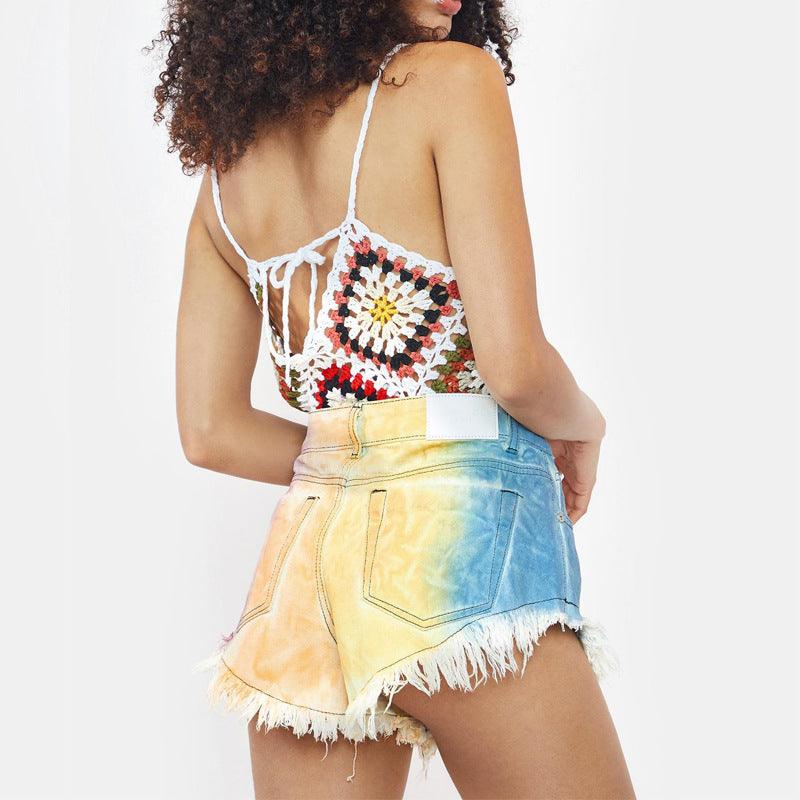 High Waist Fringed Color Tie Dye Denim Shorts - Stellar Real