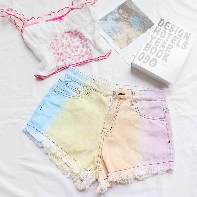 High Waist Fringed Color Tie Dye Denim Shorts - Stellar Real