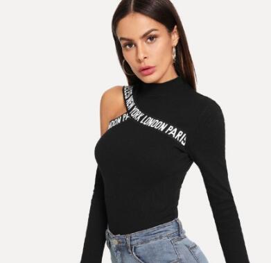 Yellow Cut Out Shoulder Letter Tape Tee Asymmetrical