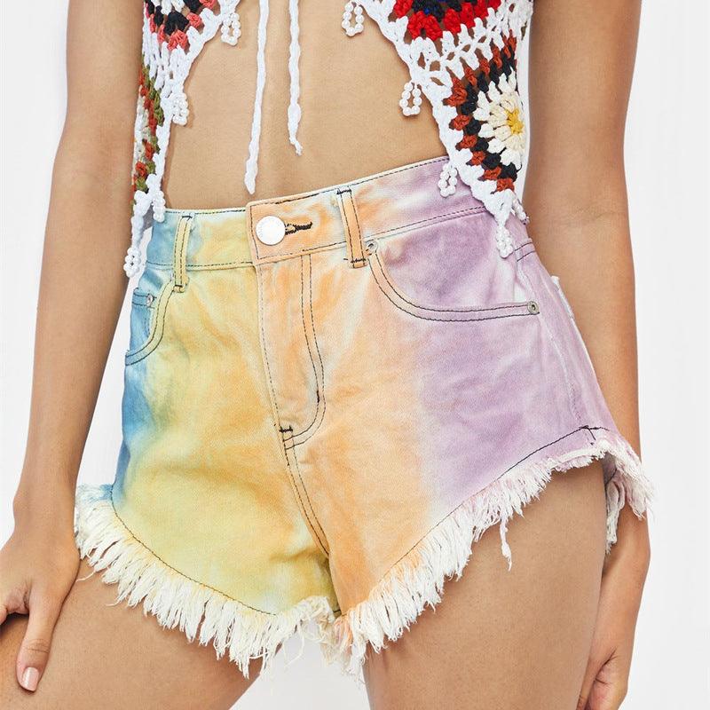 High Waist Fringed Color Tie Dye Denim Shorts - Stellar Real