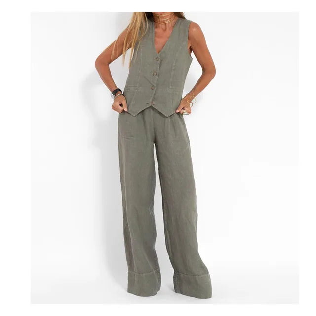 Waistcoat Trousers Wide Leg  Cotton Linen Set