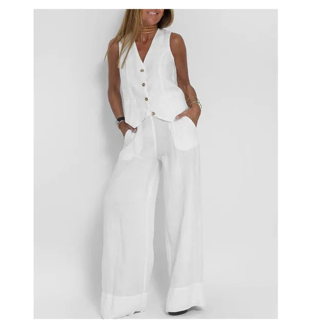 Waistcoat Trousers Wide Leg  Cotton Linen Set