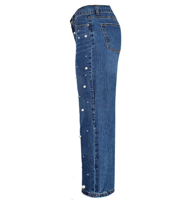 High Waist Flared Trousers Pearl Studded Loose Jeans - Stellar Real