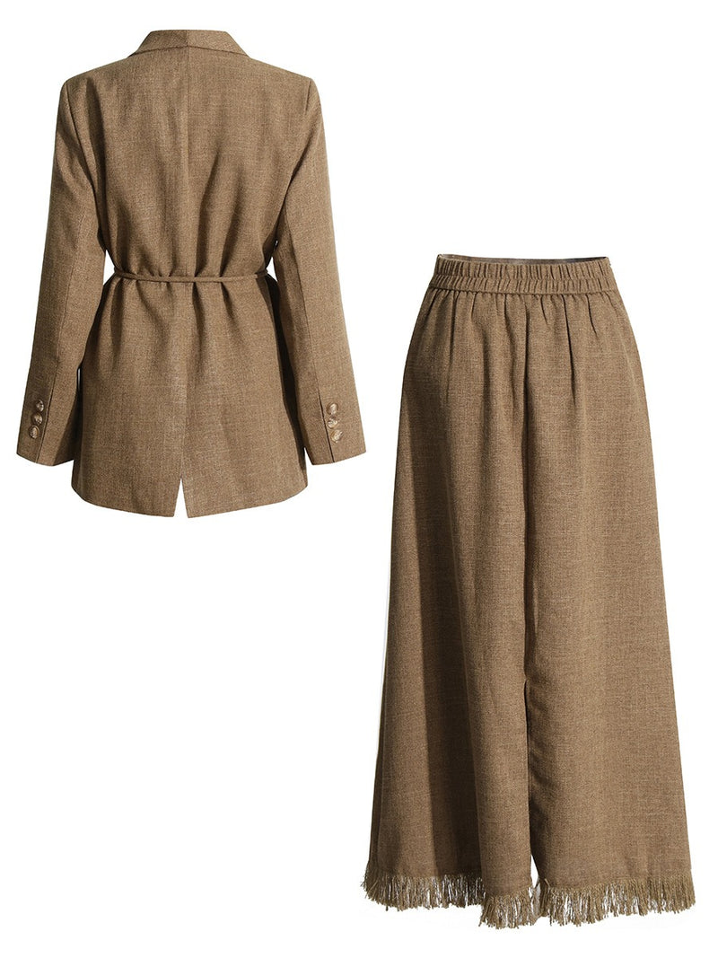 Solid Color Suit Waist Suit Jacket + Tassel Skirt Two-piece Set