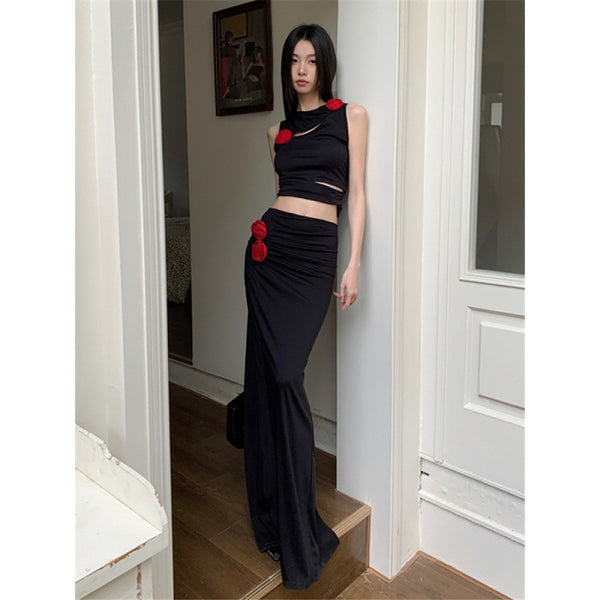 Irregular hollow vest + low waist long skirt two-piece Set