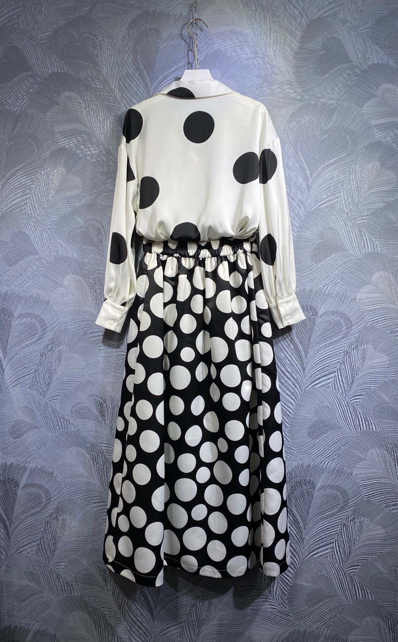 Polka Dot Print Set Asymmetrical Breasted Shirt + High Waist Skirt