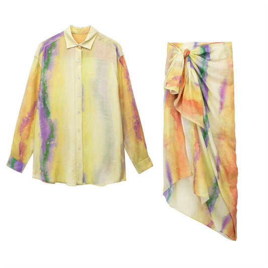 Tie Dye Skirts Set Long Shirt Semi Transparent Button Up Shirt + Tie Dye