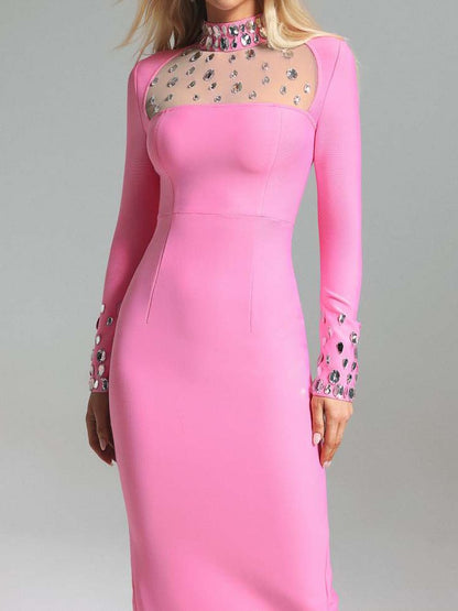 Long sleeved Slit Dress with mesh belt diamond round neck