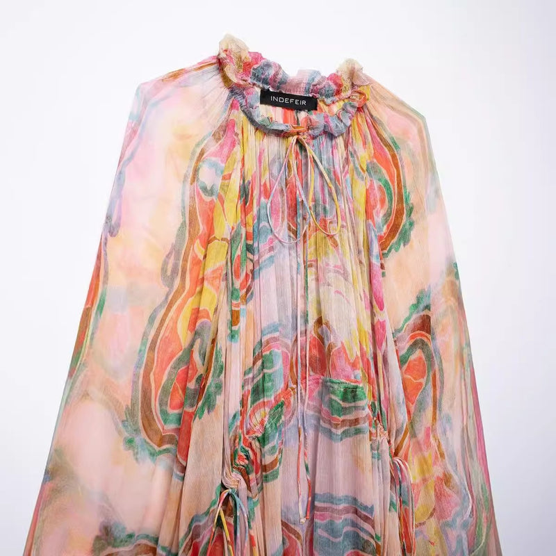 New Half High Collar Long Sleeve Printed Waist Loose Dress