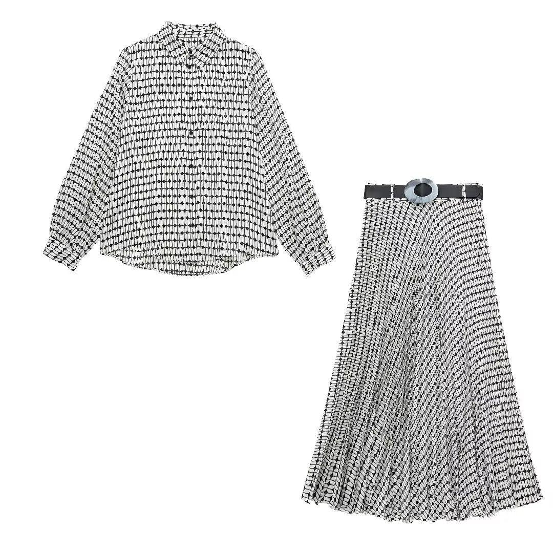 Geometric Print Skirt Sets Vintage Soft Long Sleeve Blouse Skirt With Belt Suit