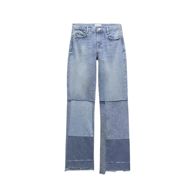 Patchwork Low Waisted Straight Asymmetric  Denim Jeans