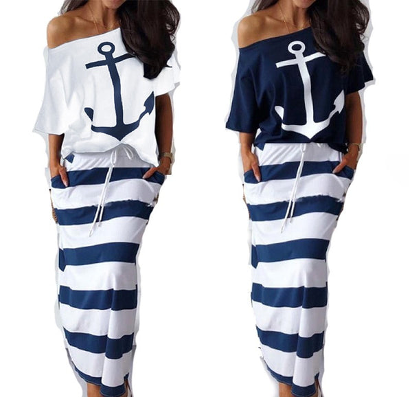 Navy Style Casual Boat Anchor Print Short Sleeve  Set