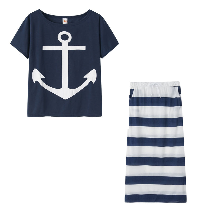 Navy Style Casual Boat Anchor Print Short Sleeve  Set