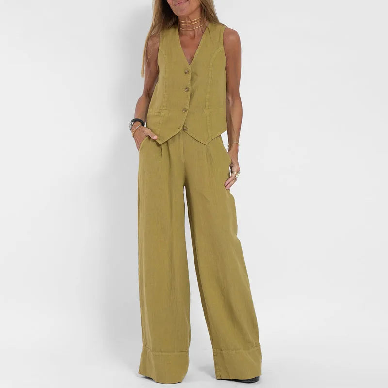 Waistcoat Trousers Wide Leg  Cotton Linen Set