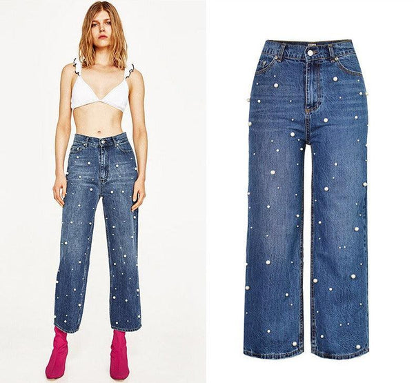 High Waist Flared Trousers Pearl Studded Loose Jeans - Stellar Real