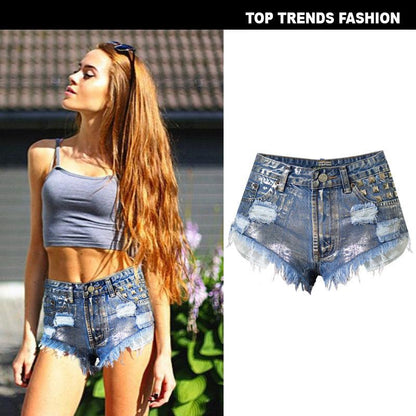 Women's High Waist Slim Frayed Rivets Denim Hot Pants Metal Silver Street Shots Large Size - Stellar Real