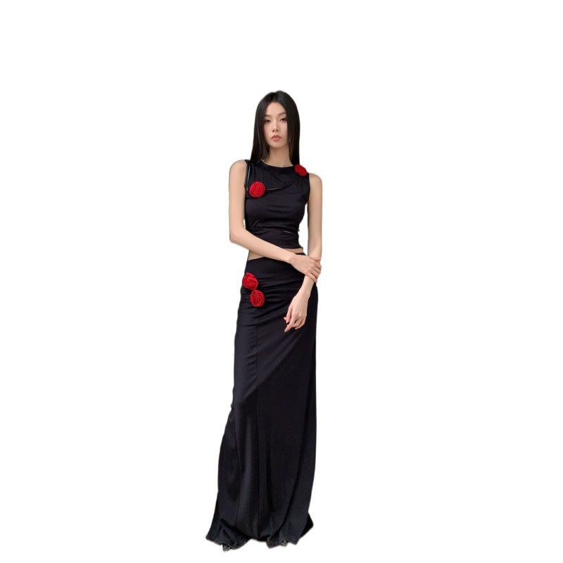 Irregular hollow vest + low waist long skirt two-piece Set