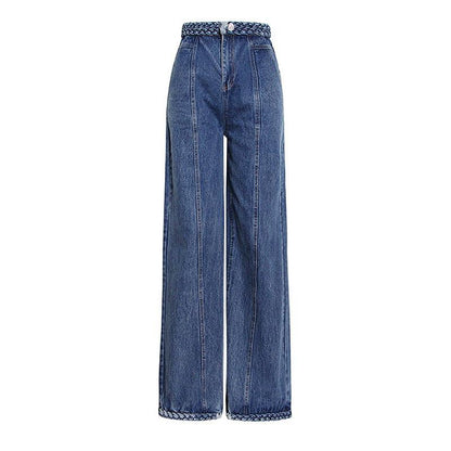 Woven Stitching High Waist Straight Wide Jeans - Stellar Real