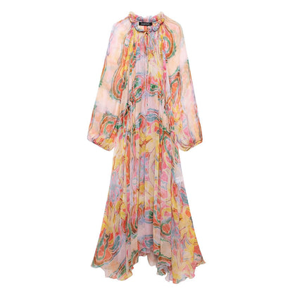 New Half High Collar Long Sleeve Printed Waist Loose Dress