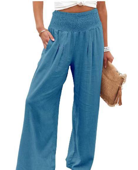 Cotton Linen Color Elastic Waist Wide Leg Pants - Stellar Real