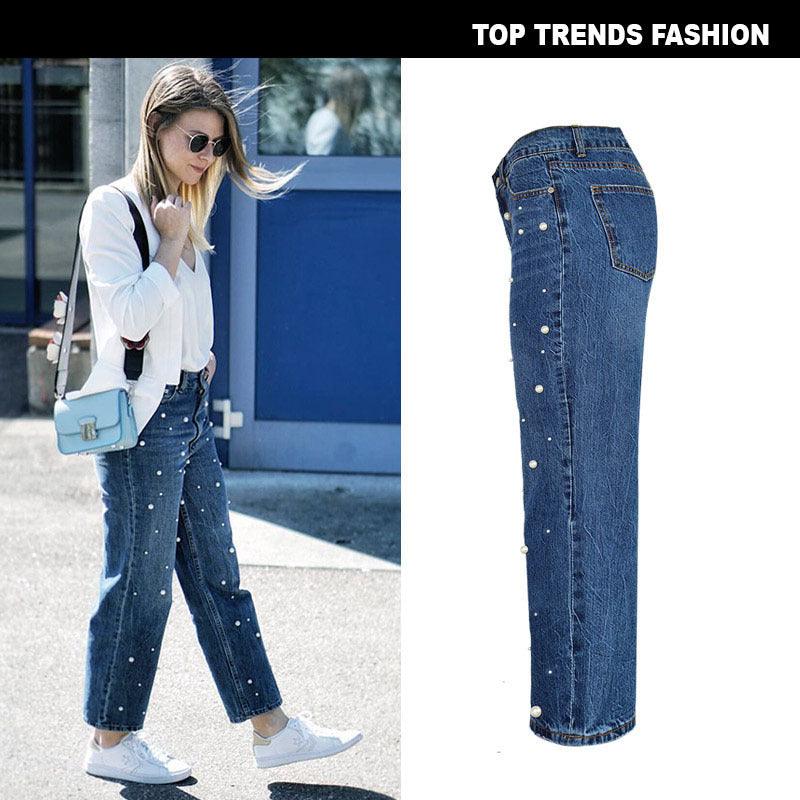 High Waist Flared Trousers Pearl Studded Loose Jeans - Stellar Real