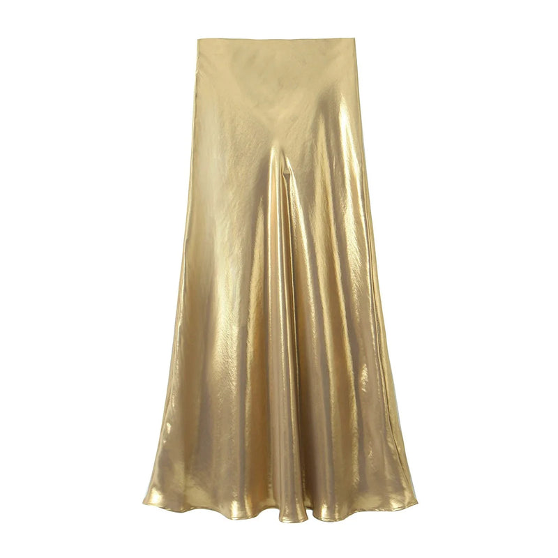 Metallic 2 Piece Set Sparkle Golden Lapel Long Sleeved Chic Shirt