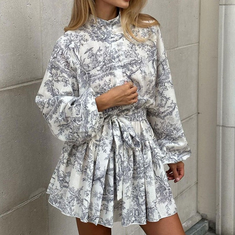 Long sleeved lace up high waisted printed dress