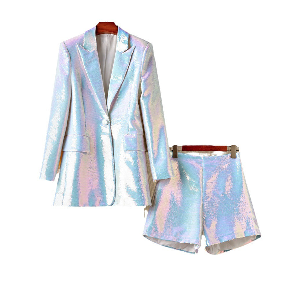 Designer Suit Sequined Blazer Shorts Set