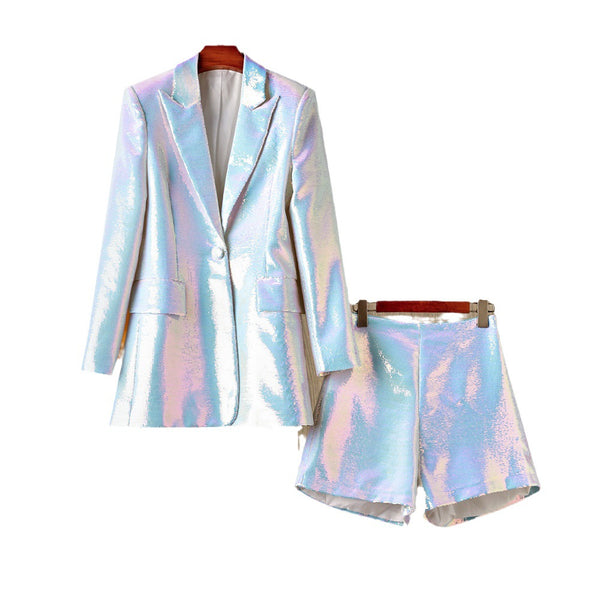 Designer Suit Sequined Blazer Shorts Set