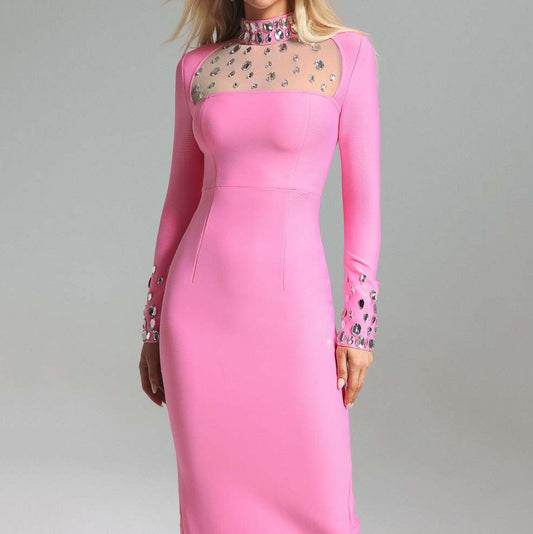 Long sleeved Slit Dress with mesh belt diamond round neck