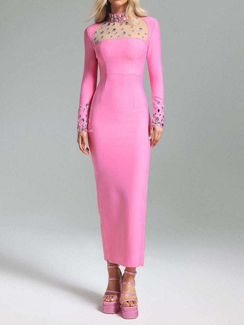 Long sleeved Slit Dress with mesh belt diamond round neck