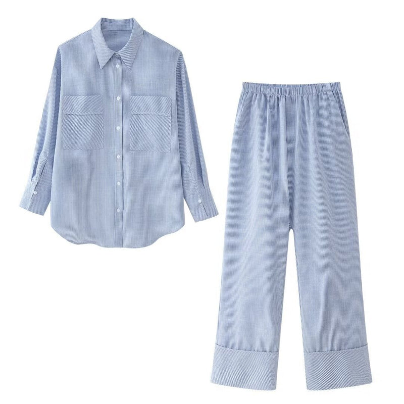 Pocket striped shirt+straight leg pants set for women