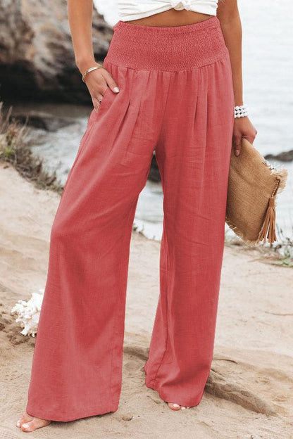 Cotton Linen Color Elastic Waist Wide Leg Pants - Stellar Real