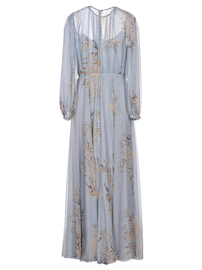 Elegant Blue Printing Lantern Sleeve High Waist Dress