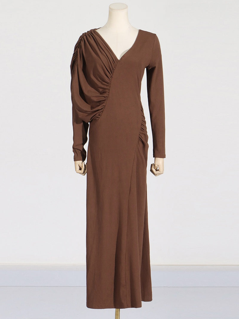 Asymmetric slim fit Long V-neck Dress Pleated