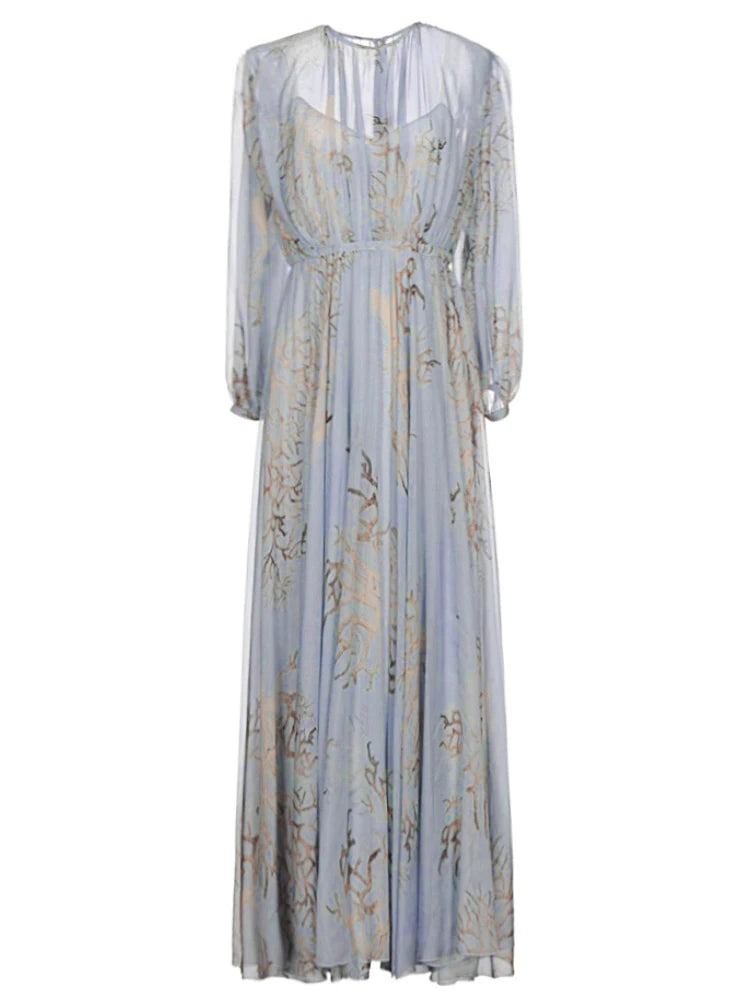 Elegant Blue Printing Lantern Sleeve High Waist Dress