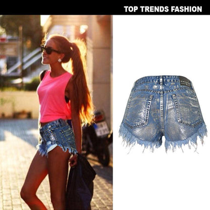 Women's High Waist Slim Frayed Rivets Denim Hot Pants Metal Silver Street Shots Large Size - Stellar Real