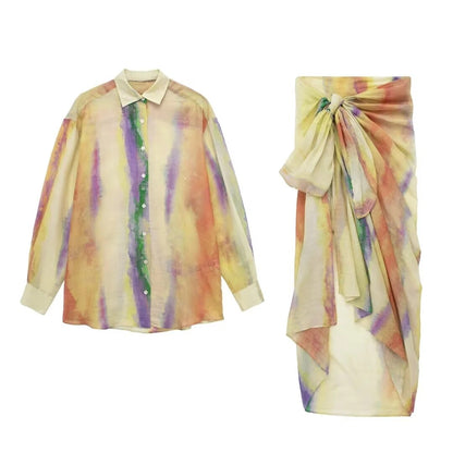 Tie Dye Skirts Set Long Shirt Semi Transparent Button Up Shirt + Tie Dye