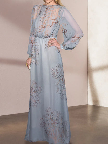 Elegant Blue Printing Lantern Sleeve High Waist Dress