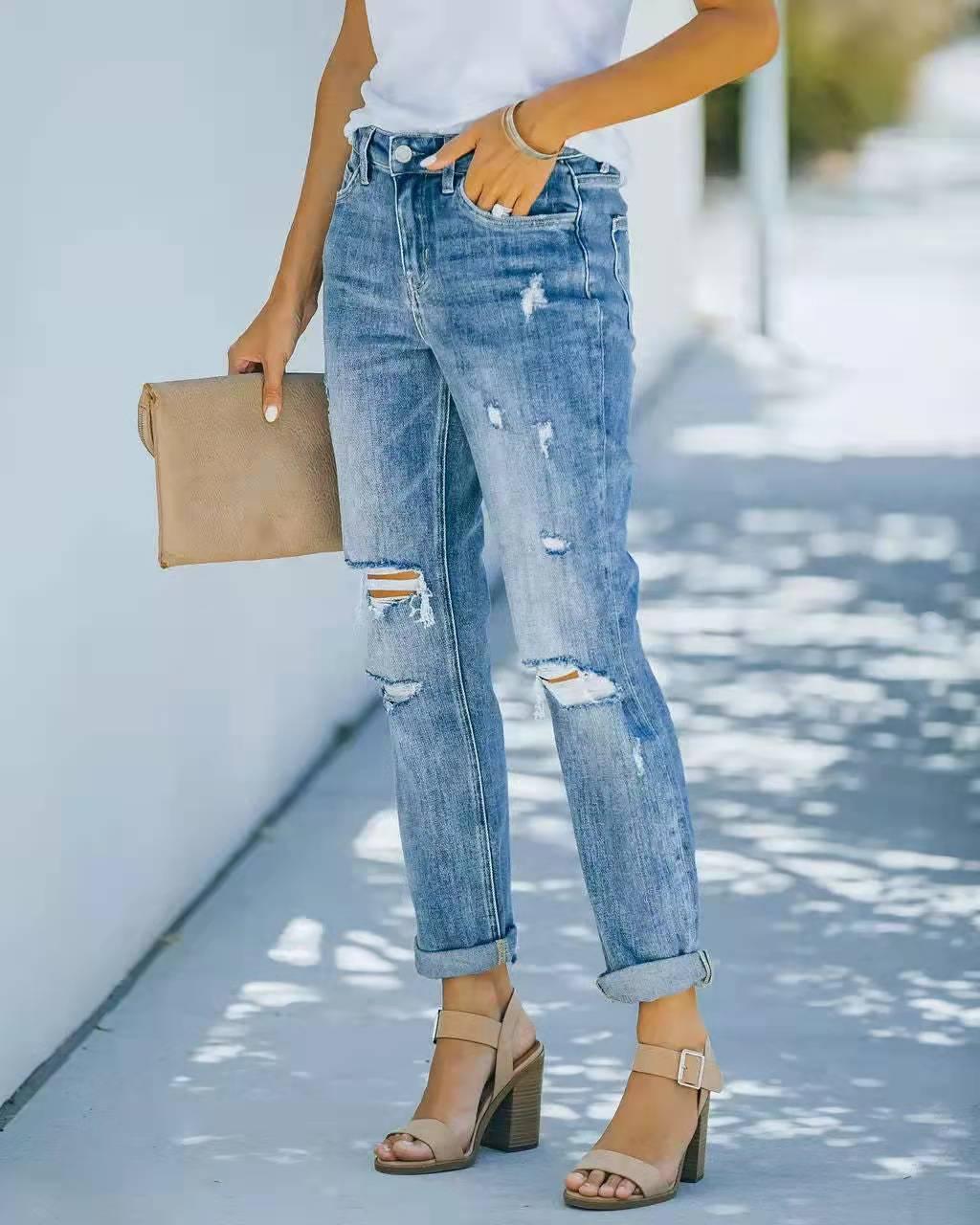 Europe American Trend Ripped Jeans Trousers Blue