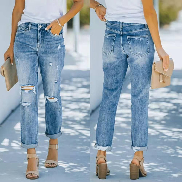 Europe American Trend Ripped Jeans Trousers Blue - Stellar Real