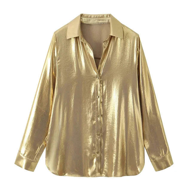 Metallic 2 Piece Set Sparkle Golden Lapel Long Sleeved Chic Shirt