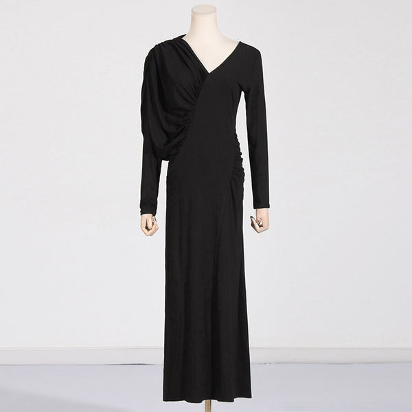 Asymmetric slim fit Long V-neck Dress Pleated