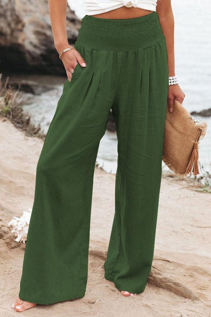Cotton Linen Color Elastic Waist Wide Leg Pants - Stellar Real