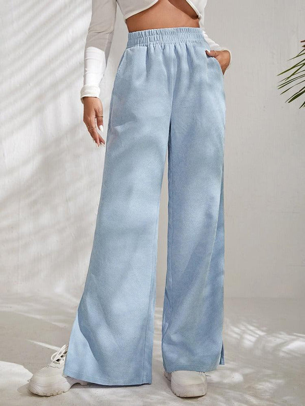 High Waist Solid Corduroy Splice Slit Bottom Pants - Stellar Real