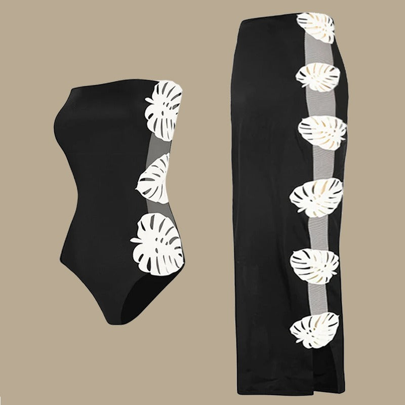 Black and white strapless leaf patchwork hollow one-piece Set