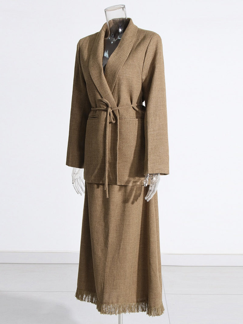 Solid Color Suit Waist Suit Jacket + Tassel Skirt Two-piece Set