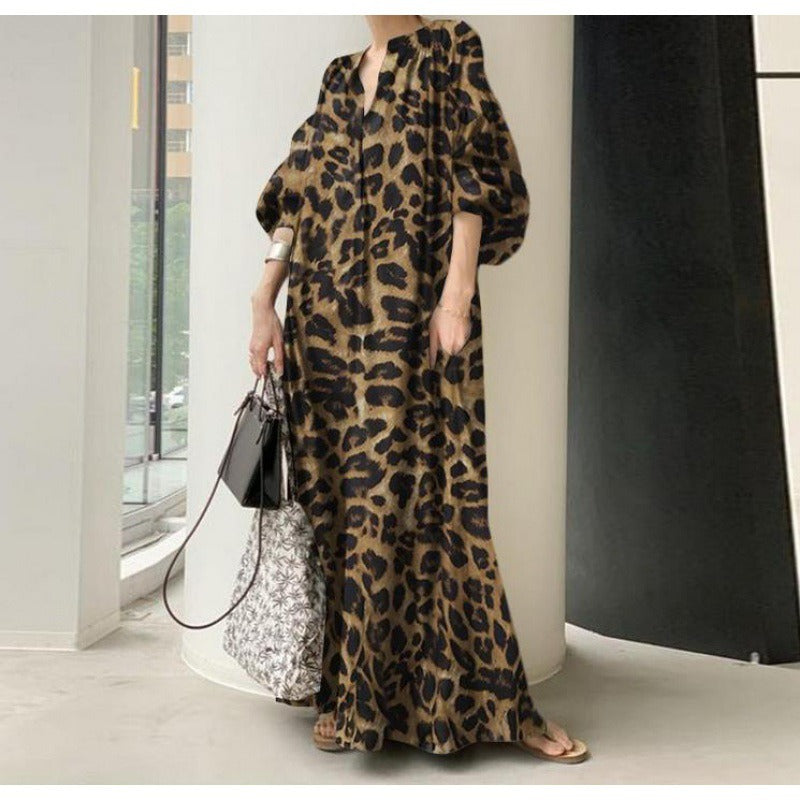 Leopard Print Stand up collar Bubble Sleeves Loose  Bohemian Dress